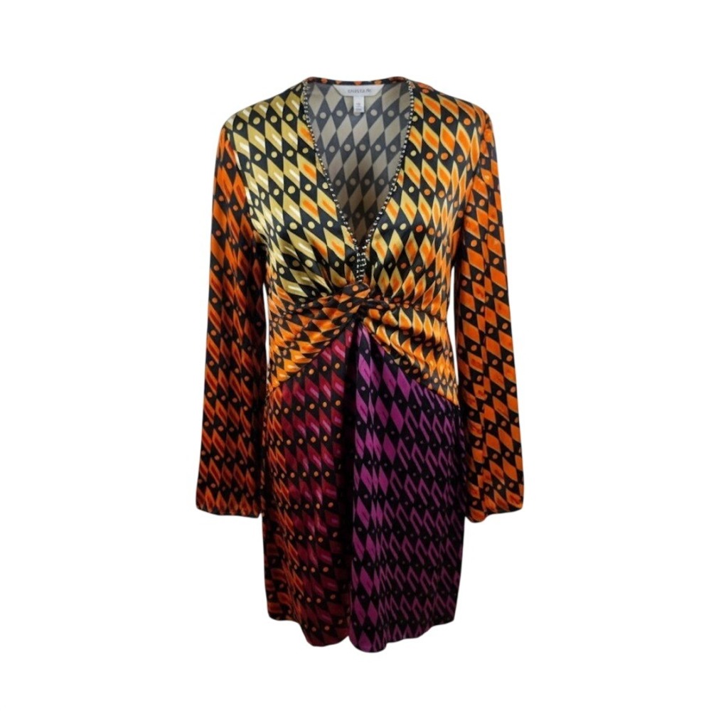 Zara Mini‎ Dress Women XL Multi Color Geometric Beaded V-Neck Knot Front Retro